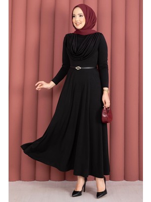 Md Degaje Yaka Beli Kemerli Sandy Elbise Siyah