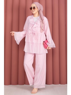 Mdl Önü Bağcık Detaylı Kolları Volanlı Kimono Ikili Takım Pembe