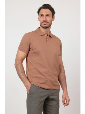 İmza Sütlü Kahverengi Polo Yaka Kısa Kol Cepsiz Slim Fit Pamuklu Tişört 1011260154