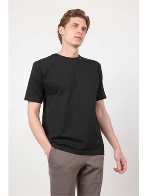 İmza Siyah Bisiklet Yaka Kısa Kol Cepsiz Slim Fit Pamuklu Tişört 1011260166