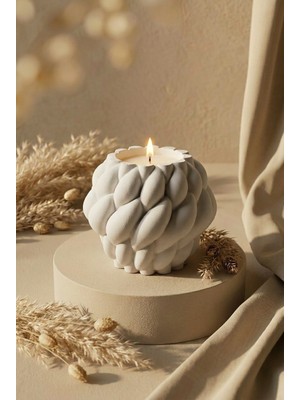 Aceleyolla Luxury Örgü Desenli Beton Mum Büyük Boy Dekoratif El Yapımı Beyaz 12 cm