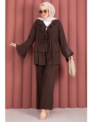 Mdl Önü Bağcık Detaylı Kolları Volanlı Kimono Ikili Takım Kahve