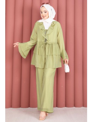 Mdl Önü Bağcık Detaylı Kolları Volanlı Kimono Ikili Takım Olive