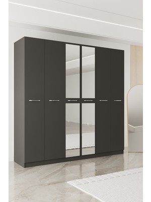 Aeka AE-2191 Hisar Antrasit/antrasit Aynalı 6 Kapaklı Çok Bölmeli Askılı ve Raflı Geniş Hacimli Gardırop 210X210 cm