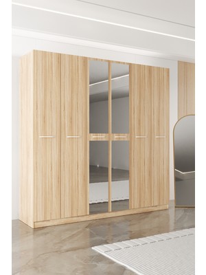 Aeka AE-2191 Hisar Sonomo/sonomo Aynalı 6 Kapaklı Çok Bölmeli Askılı ve Raflı Geniş Hacimli Gardırop 210X210 cm