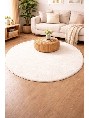 Dekomod Peluş Krem Daire Tüylü Yumuşak Yıkanabilir Kaymaz Taban Halı Yolluk Yatak Odası Banyo Salon