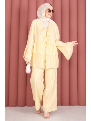 Mdl Önü Bağcık Detaylı Kolları Volanlı Kimono Ikili Takım Sarı