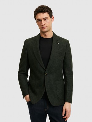 Cacharel Erkek Koyu Yeşil Slim Fit Yün Karışımlı Flanel Ceket 50290532-VR079