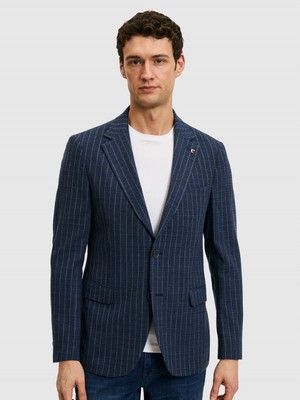Cacharel Erkek Lacivert Çizgili Slim Fit Yün Karışımlı Klasik Ceket 50273655-VR033