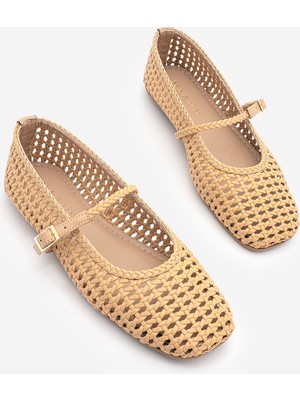 Marjin Kadın Küt Burun El Örgüsü Mary Jane Bantlı Günlük Babet Liyen Camel