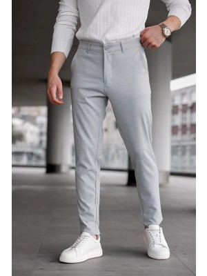 Modamesto Erkek Açık Gri Slim Fit Likralı Armür Desenli Casual Pantolon