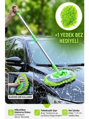 Sihirli Mop Araba Yıkama Fırçası Mikrofiber Bezli Teleskopik Saplı +1 Yedek Bez Hediyeli