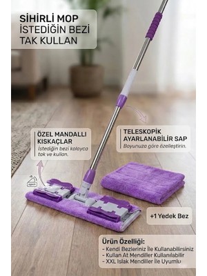 Sihirli Mop İstediğin Bezi Tak Kullan Mandallı Mop Teleskopik Saplı +1 Yedek Bez Hediyeli (Yer Cam Temizliği)