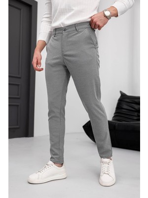 Modamesto Erkek Koyu Gri Slim Fit Likralı Armür Desenli Casual Pantolon