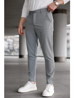 Modamesto Erkek Koyu Gri Slim Fit Likralı Armür Desenli Casual Pantolon