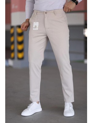 Modamesto Erkek Slim Fit Bej Casual Pantolon %60 Polyester %35 Viskon %5 Elastan Armür Desenli