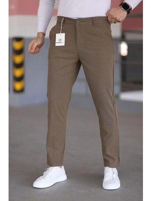 Ser Joven Erkek Kahverengi Slim Fit Likralı Armür Desenli Casual Pantolon
