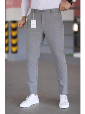 Modamesto Erkek Koyu Gri Slim Fit Likralı Armür Desenli Casual Pantolon