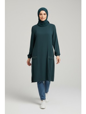 Ece Giyim Kadın Bisiklet Yaka Önü Boncuk Detaylı Yazlık Ince Ayrobin Tunik