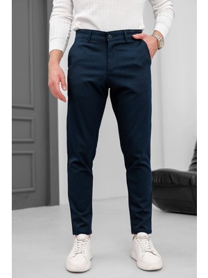 Ser Joven Erkek Lacivert Slim Fit Likralı Armür Desenli Casual Pantolon