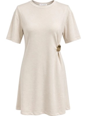 Mixray 2092 Kadın Yandan Büzgü Metal Aksesuarlı Mini Elbise Bej