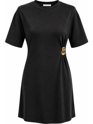 Mixray 2092 Kadın Yandan Büzgü Metal Aksesuarlı Mini Elbise Siyah