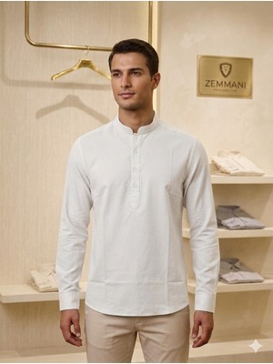 Erkek Beyaz Hakim Yaka Yarım Düğmeli Keten Gömlek Modern Klasik Stil Hem Gömlek Hem  Tşört  Rahatlıgı
