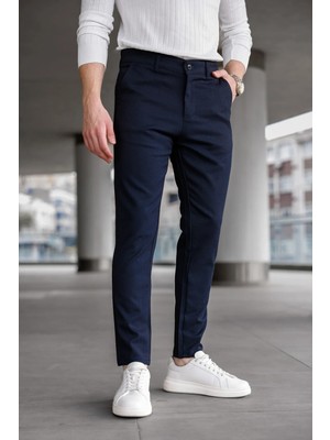 Modamesto Erkek Lacivert Slim Fit Likralı Armür Desenli Casual Pantolon
