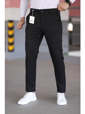 Modamesto Erkek Siyah Slim Fit Likralı Armür Desenli Casual Pantolon