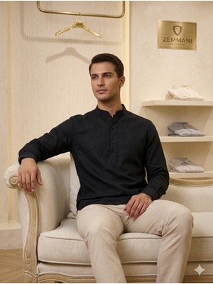 Erkek Beyaz Hakim Yaka Yarım Düğmeli Keten Gömlek Modern Klasik Stil Hem Gömlek Hem  Tşört  Rahatlıgı