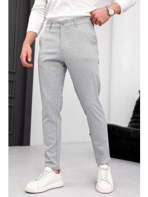 Modamesto Erkek Açık Gri Slim Fit Likralı Armür Desenli Casual Pantolon