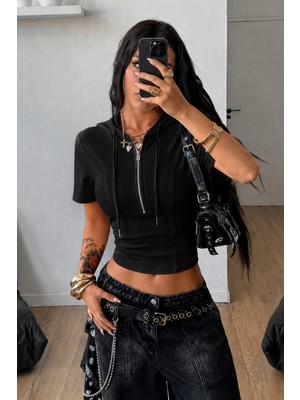 Tarz Cool Kapüşonlu Crop Tişört Fermuarlı Kısa Kollu Kadın Üst Body