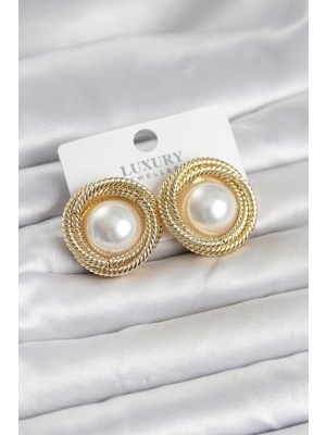 Prativas Pirinç Gold Renk Sarmal Model Incili Kadın Küpe