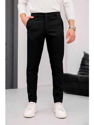 Modamesto Erkek Siyah Slim Fit Likralı Armür Desenli Casual Pantolon