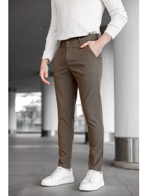 Modamesto Erkek Kahverengi Slim Fit Likralı Armür Desenli Casual Pantolon