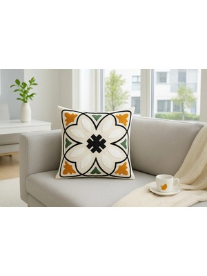 Hd Home Collection Keten Kumaş Geometrik Seri Siyah-Hardal Detay Punch Kırlent Kılıfı 43*43 cm