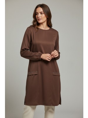 Ece Giyim Kadın Bisiklet Yaka Önü Boncuk Detaylı Yazlık Ince Ayrobin Tunik