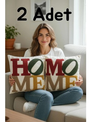 Hd Home Collection Keten Kumaş (2 Adet) Home Desen Işlemeli Punch Kırlent Kılıfı (Panç) 43*43 cm