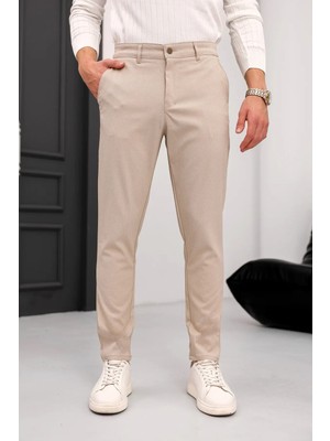 Ser Joven Erkek Bej Slim Fit Likralı Armür Desenli Casual Pantolon
