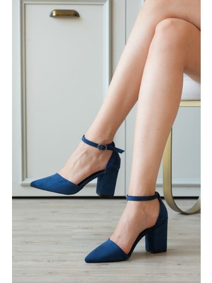 Moda Adam Kadın Celar Kalın  Topuklu Ayakkabı - Lacivert-Süet
