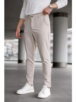 Ser Joven Erkek Bej Slim Fit Likralı Armür Desenli Casual Pantolon