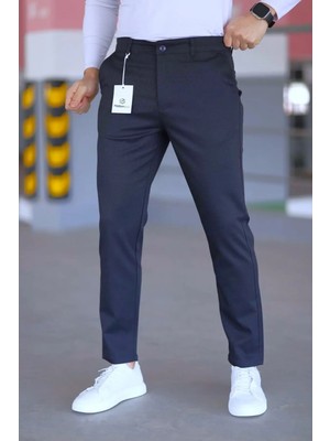 Ser Joven Erkek Lacivert Slim Fit Likralı Armür Desenli Casual Pantolon