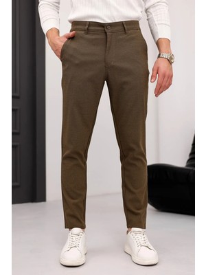 Ser Joven Erkek Kahverengi Slim Fit Likralı Armür Desenli Casual Pantolon