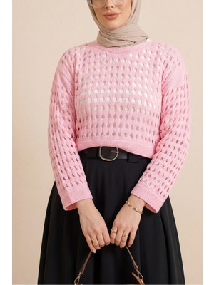 Moda Morfo Kayık Yaka Ajurlu Triko Kazak -Pembe