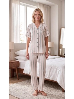 Seamlife 8620 Yeşil Çizgili Dokuma Boydan Düğmeli Gömlek Pijama Takım