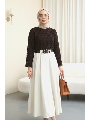 Moda Morfo Kayık Yaka Ajurlu Triko Kazak -K. Kahve