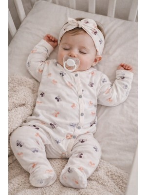 Atlas Baby House Organik Kelebek Figürlü Bandanalı Kız Bebek Patikli Yenidoğan Tulum