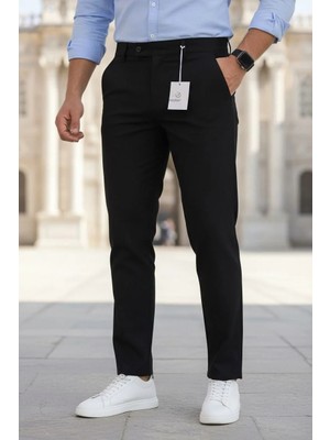 Modamesto Erkek Siyah Slim Fit Likralı Yan Cep Bilek Boy Düz Kumaş Pantolon