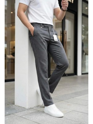 Modamesto Erkek Füme Slim Fit Likralı Yan Cep Bilek Boy Düz Kumaş Pantolon