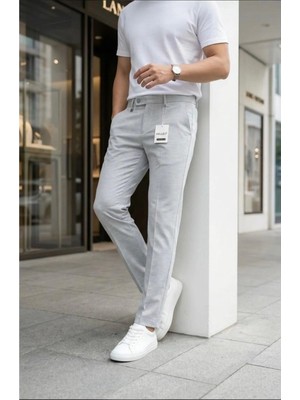 Ser Joven Erkek Açık Gri Slim Fit Likralı Yan Cep Bilek Boy Düz Kumaş Pantolon